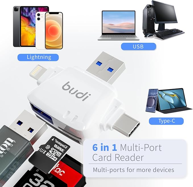 SD Card Reader for iPhone, 6-in-1 Micro SD TF Memory Card Reader Trail Camera Viewerport Adapter,Compatible with ipad/Android/Mac/Computer/Camera(White)