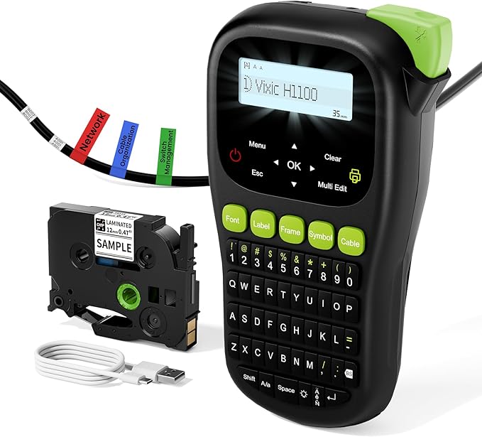 Vixic Label Maker Machine, H1100 Label Makers with Backlit Screen, Portable Label Maker Waterproof-Labels Handheld Labeler with Keyboard, Industrial Labeling Machine for Cable Wire Network