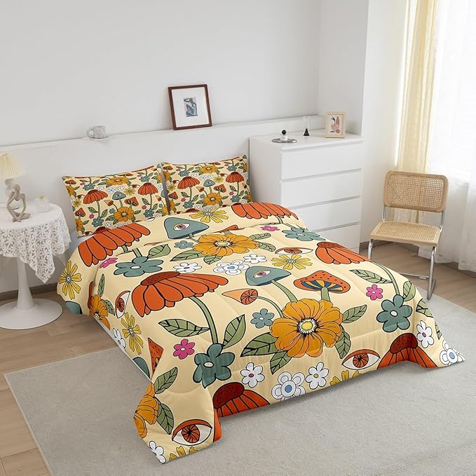 Castle Fairy Retro Flowers Comforter Set Full Size,70s Floral Mushroom Bedding Comforters Room Decor,Art Hippie Plant Eye Print Quilt Set with 2 Pillowcases,Teens Present