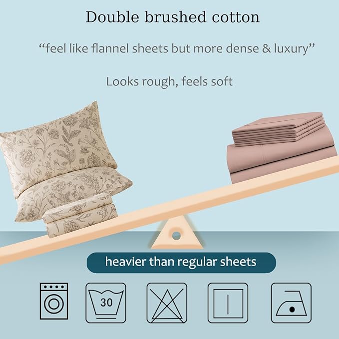 Zusbest Queen Sheet Set 100% Percale Cotton Beige Floral Bed Sheet Set, Brushed for Extra Softness, Breathable Luxury Toile Flannel Sheets Like Khaki Flower Print Deep Pocket Sheets 17.5'' 4 Pcs