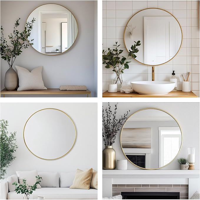 Oruii Gold Round Mirror, Golden Round Mirror 24 inch, Circle Wall Mirrors Metal Frame, Brass Circular Mirrors for Bathroom, Wall, Living Room, Entryway, Hallway, Vanity, Rustic