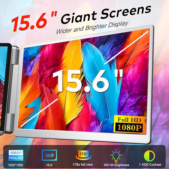 Laptop Screen Extender, 15.6" FHD Laptop Monitor Extender, Triple Portable Monitor for 12"-18.5" Laptops, Plug & Play, 360° Rotation Screen, Compatible with MacOS/Wins/Switch/Surface
