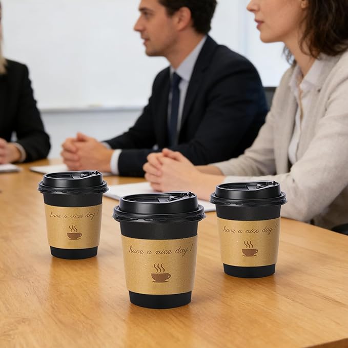 Lamosi 10 oz Coffee Cups with Lids 100 Pack, Disposable Coffee Cup with Stir Sticks and Sleeves, To Go Hot Paper Cup for Home, Travel, Office