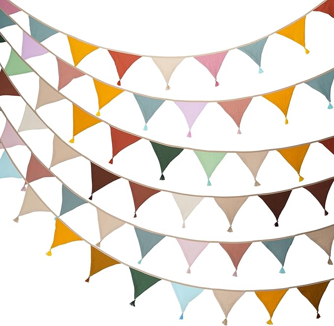 Fabric Bunting Banner, 2 Pack Handmade Neutral String Banner with Tassel Each 8.5 ft 10 Flags Nursery Wall Hanging Wedding Birthday Home Baby Shower Party Decoration Bunting