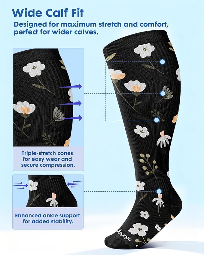 Wide Calf Compression Socks for Women - 3-Pair Plus Size 20-30mmHg Ankle Support Easy on off Socks for Travel Nurse