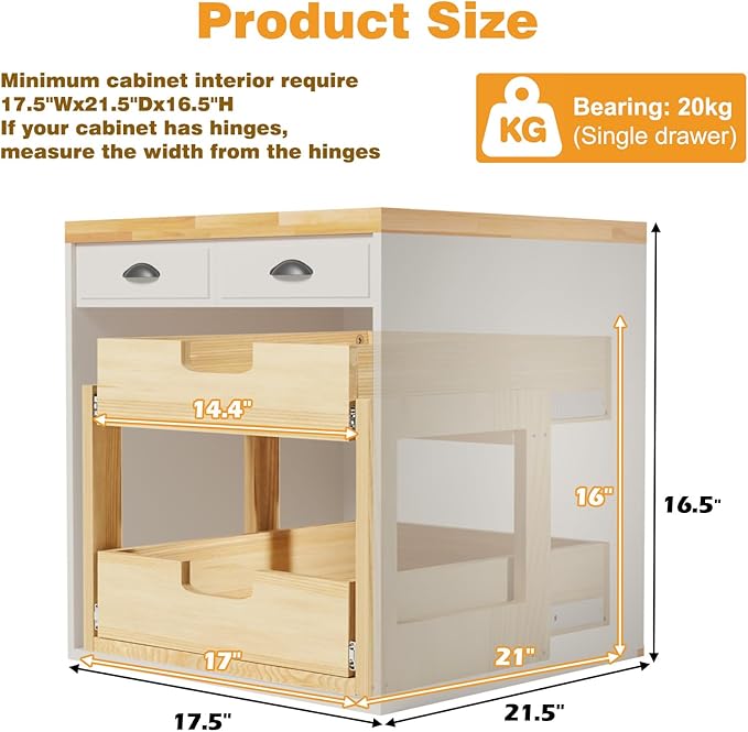 Gsskny Pull Out Cabinet Organizer, 17''W×21''D Sliding Drawers for Cabinets, 2 Tier Soft Close Slide Out Wooden Pull out Drawers, Base Cabinet Organization for Kitchen, Pantry, Bathroom