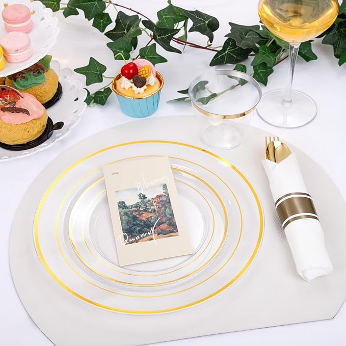 DaYammi 210PCS Clear Gold Plastic Dinnerware Set Christmas Plates Disposable Fancy Platos for Party Include: 30 Dinner Plates, 30 Dessert Plates, 30 Pre Rolled Napkins with Gold Silverware, 30 Cups
