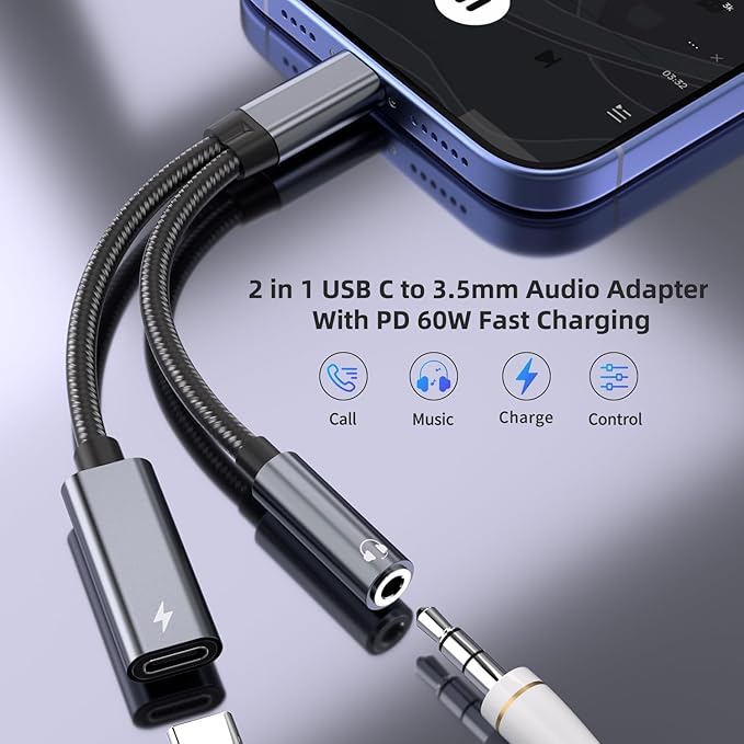 Samsung Galaxy S25 Headphone Adapter, USB C to AUX Mic Jack with PD 60W Fast Charging for Stereo, Earphones, Compatible with Samsung Galaxy S25/S25+/S25 Ultra/S24/S24+, Google Pixel 8/7