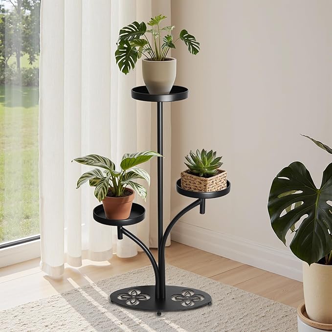 3 Tier Metal Plant Stand Indoor Outdoor, Tall Black Plant Shelf, Heavy-duty Base in the Shape of a Four-leaf Clover, Tiered Modern Corner Shelf, Suitable for Courtyard, Patio, Living Room, (2 Pack)