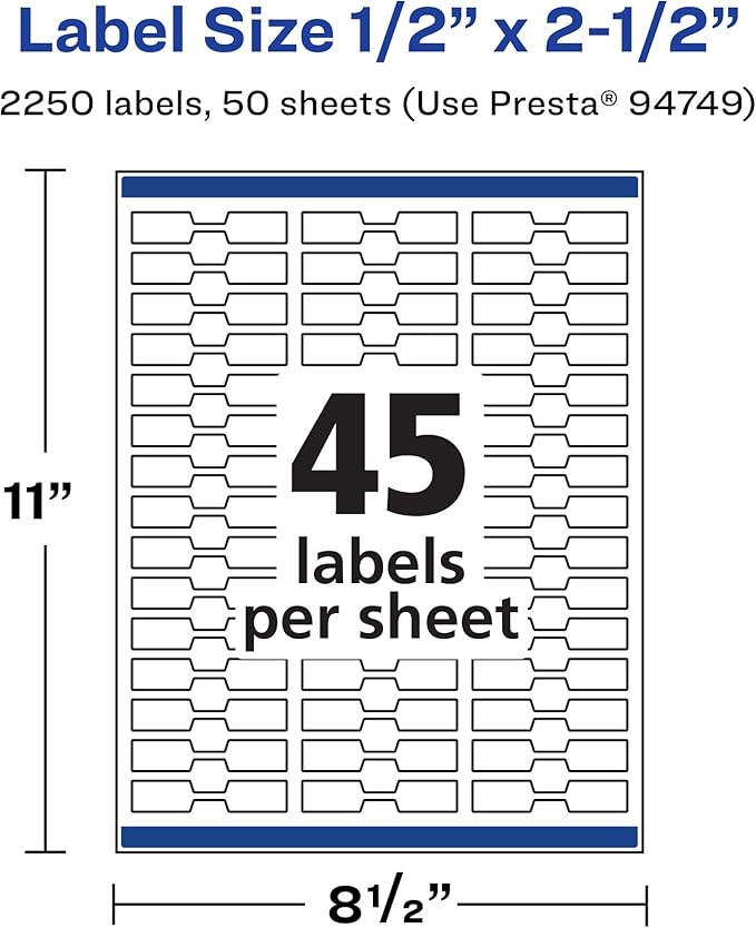 Avery Printable Durable White Barbell Labels, Sure Feed Technology, 0.5" x 2.5", Waterproof Labels, Laser & Pigment-Based Inkjet Compatible, 2250 Total