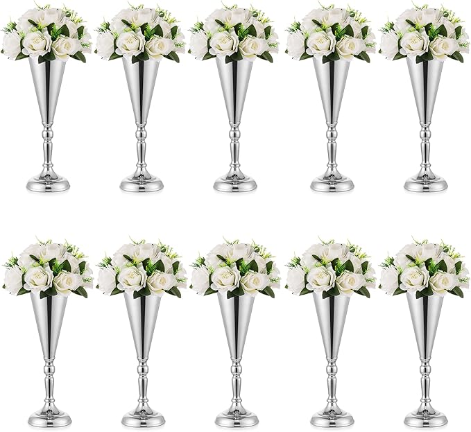 Sliver Vase Centerpiece Table Decorations - 10 Pcs Metal Tabletop Flower Stand, Wedding Decorations for Reception, 14in Trumpet Tall Flower Vase for Birthday, Weddings, Anniversary, Home Decor