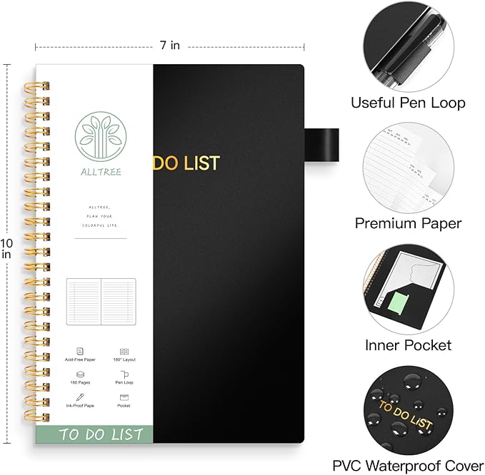 To Do List Notebook for Work, Daily To Do List Planner, ALLTREE To Do List Notebook Spiral Planner, Work Planner with Pocket, Pen Loop, 160 Pages, Black (7"x10")