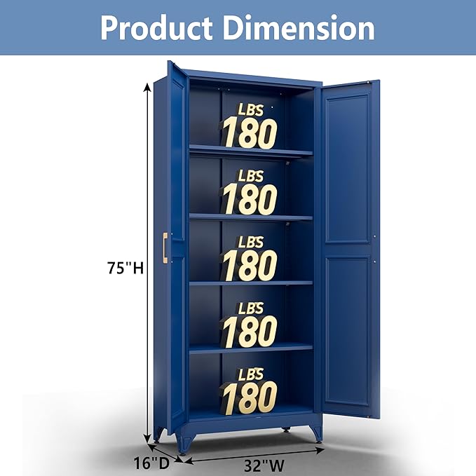 Metal Storage Cabinet,75" Tall Kitchen Pantry Storage Cabinet with Doors and Adjustable Shelves, Blue Metal Pantry Cabinets, Large Cupboard for Kitchen, Dining Living Room, Bathroom, Office