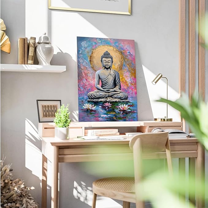 Lotus and golden Buddha meditation tranquil zen wall art mindfulness wall art for spiritual harmony and tranquility decor 16x24in Frameless