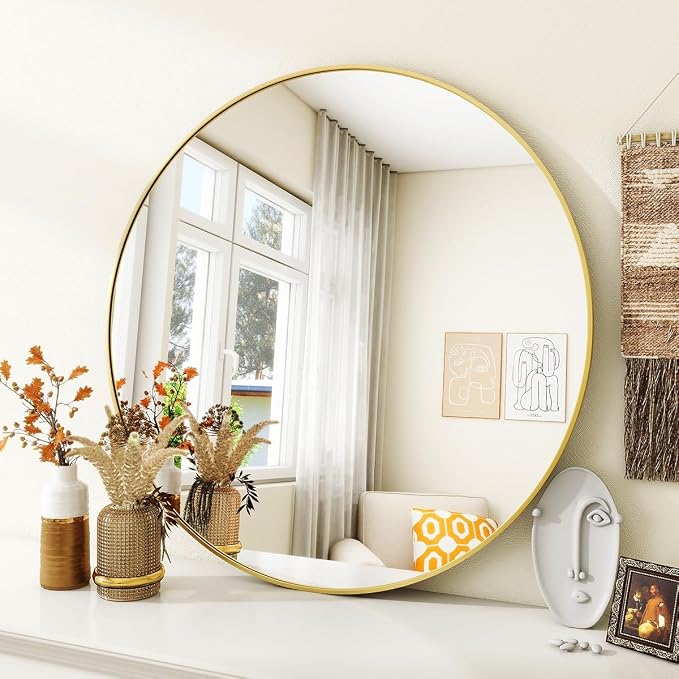 VooBang Gold Round Bathroom Mirror, 30 inch Circle Wall Mounted Hanging Mirror with Simple Modern Circular Metal Frame for Hallway, Entryway, Living Room, Gold Frame