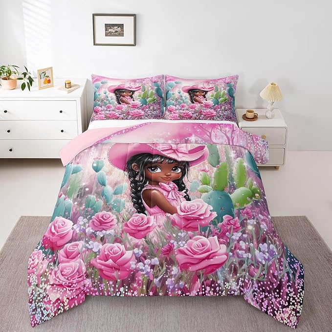 Pink Cowgirl Full Size Comforter Set,Reversible Southwest African Style Black Bedding Comforters Bedroom Collection,Western Floral Desert Cactus Sparkling Bedding Set for Girls Teens