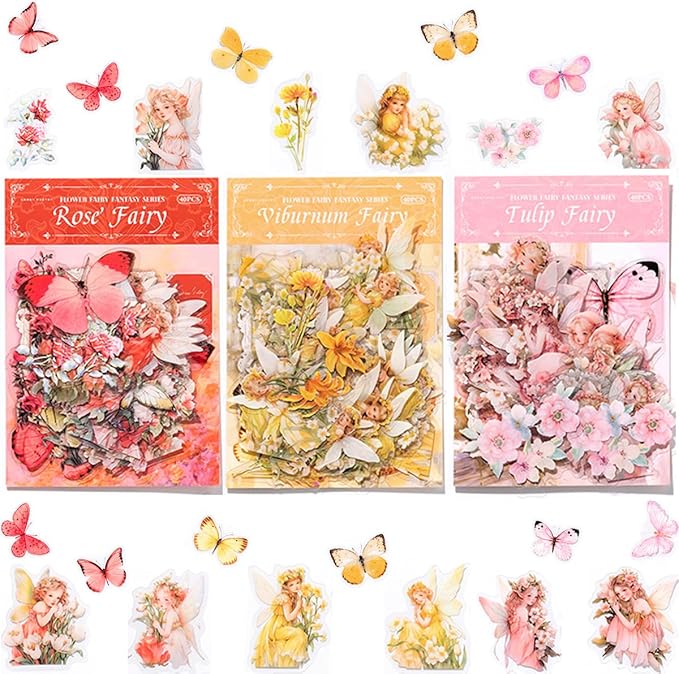 SIBLYMONA Vintage Fairy Stickers 120Pcs Transparent Stickers for Scrapbooking Journaling, Floral Butterfly Cottagecore Junk Journal Scrapbook Supplies, Rub On Transfers for Crafts (120, Pink)