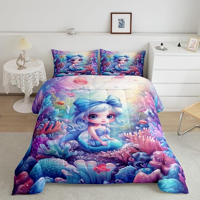 Cute Mermaid Full Size Comforter Set,Beautiful Mermaid Fairy Tale Reversible Bedding Comforters Bedroom Collection,Watercolor Coral Cartoon Undersea World Bedding Set for Girls Teens