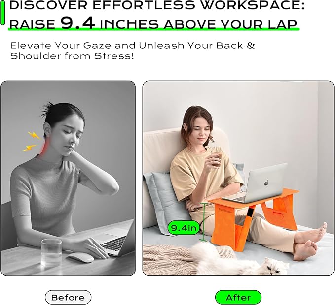 Foldable Laptop Desk Bed Computer Desk, FansDreams Pi Foldable and Portable Lap Desk, Portable Folding Lap Table, Standing Lightweight Travel Laptop Table for Study and Work (Orange, Standard)