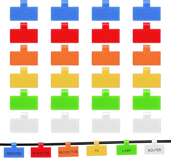 24Pcs Cable Lables, Multi Color Durable Cable Lables Large Size for Organizing Wires and Identification Write On Cord Label Tags for Electronics Self-Adhesive Nylon Label Waterproof Reusable