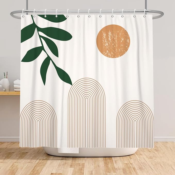 Boho Mid Century Shower Curtain Abstact Arch Sun Leaves Modern Minimalist Geometric Plant Aesthetic Shower Curtains Polyester Fabric Bathroom Decoration Curtain with Hooks 60x72 inch