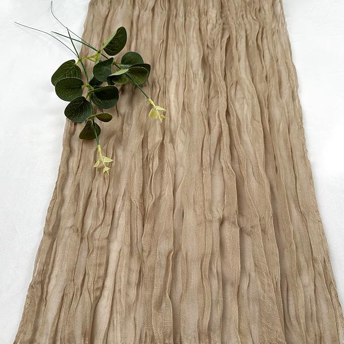 Booque Valley Nude Cheesecloth Table Runner 120 Inch 10ft Super Soft Boho Wrinkled Gauze Sheer Cloth for Baby Shower Birthday Bridal Shower Wedding Centerpiece Table Decoration, 3 Pack , Tan