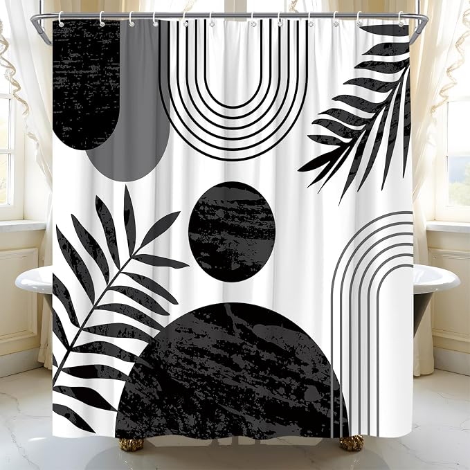 Mid Century Modern Shower Curtain Boho Black and White Abstract Retro Aesthetic Fabric for Bathroom Decor Bathtub with Hooks (59" WX70 H)