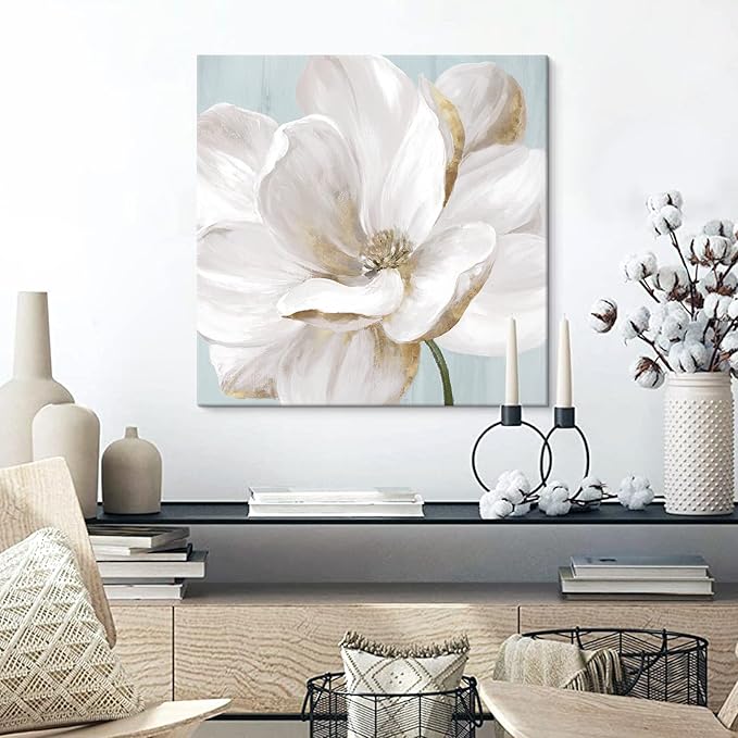 SEVEN WALL ARTS White Magnolia Flower Canvas Wall Art Floral Pictures Decor Vintage Nature Botanical Painting Modern Large Size Farmhouse Artwork for Bedroom Living Room Office 32"x 32"