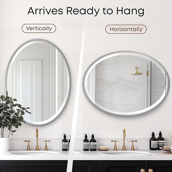 OVALCREST - Oval Wooden Beveled Wall Mirror for Home Decor, Bathroom, Vanity, Bedroom, Living Room, Hallway - London Style (Silver Spray) 31.1 x 21.1