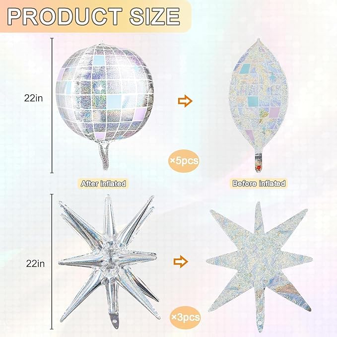 OuMuaMua Disco Ball Balloons for 70s 80s Disco Party Decorations, 22 Inch Large 4D Iridescent Disco Metallic Balloons with Stars for Disco Themed Party, Birthday New Year Bachelorette Decor, 8pcs