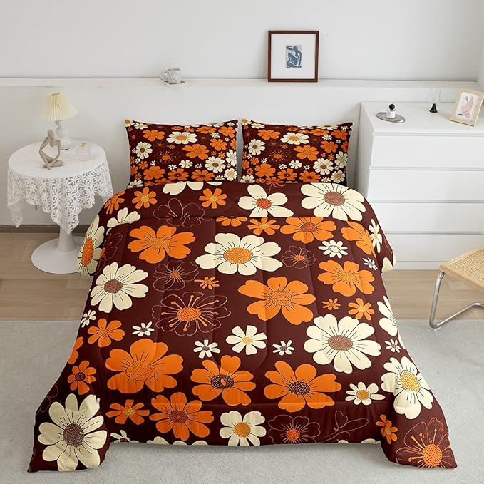 70s Groovy Flowers Comforter Set Full Size,Hippie Retro Farmhouse Plant Bedding Comforters Room Decor,Brown White Yellow Floral Quilt Set with 2 Pillowcases,Teens Present