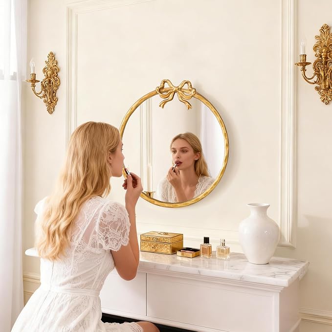 24 Inch Vintage Gold Round Wall Mirror, Antique Ornate Metal Circle Mirror with Baroque Bow Decor for Bathroom Vanity, Bedroom, Living Room, Hallway (Gold, 24" Lx24 W)