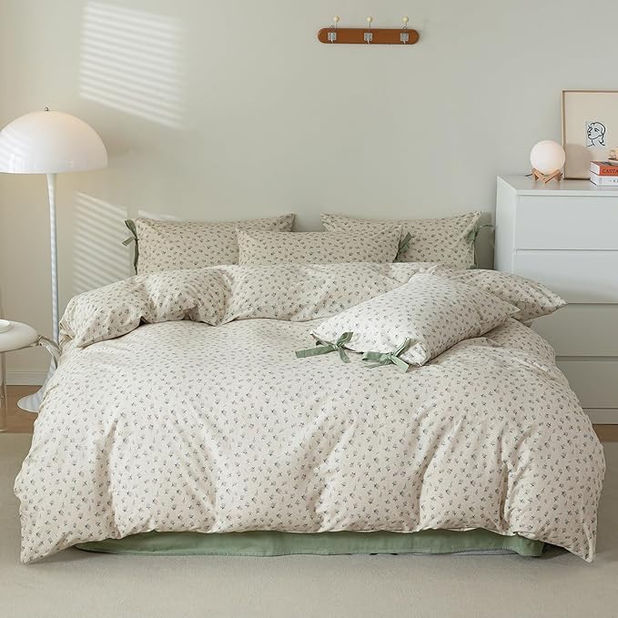 EAVD Girl Floral Duvet Cover Twin Soft 100% Cotton Chic Shabby Small Cute Floral Bedding Set with 2 Pillowcases Reversible Vintage Style Botanical Comforter Cover with Zipper Closure