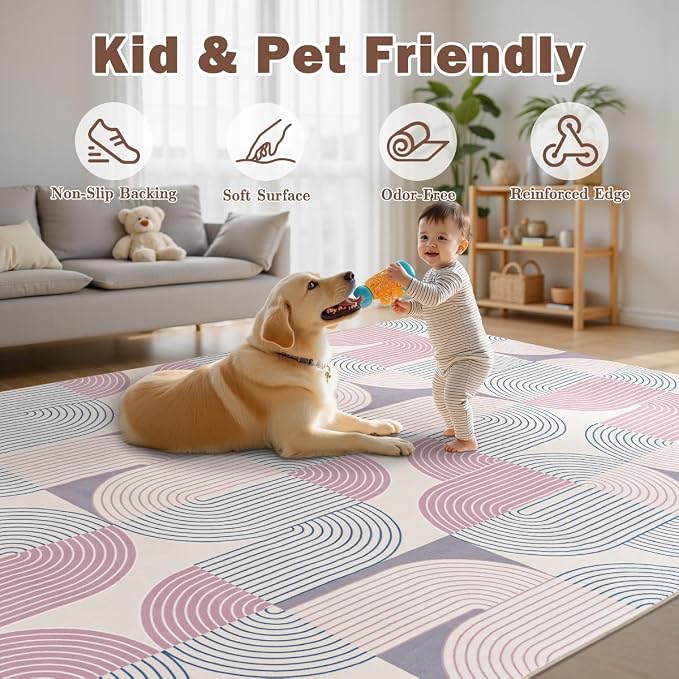 Living Room Rugs 6x9, Soft Modern Geometric Pink Rug for Bedroom, Washable Non-Slip Indoor Floor Boho Abstract Carpet for Dining Room Nursery Home, Pink/Purple