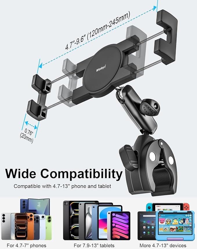 Metal iPad Tablet Mount Holder for Boat Helm, Wheelchair Pole, Bike, Motorcycle, Stroller, Fitness bike, Road Mountain Bicycle, Scooter Handlebar Clamp for 4.7-13" iPad Pro, Air, Mini, iPhone, Galaxy