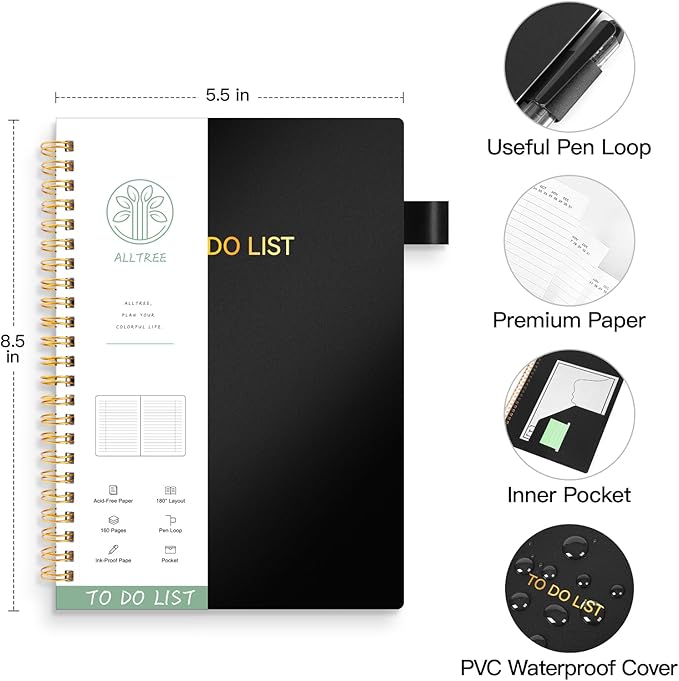 ALLTREE To Do List Notepad Spiral Planner, Daily Task Tracker with Wide Lined Notebooks, Work Planner with Pocket, Pen Loop, 160 Pages, Black (5.5"x8.5")