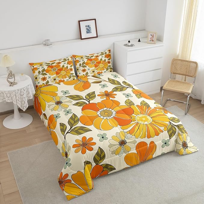 Castle Fairy Retro Flowers Bedding Set King Size,Watercolor Yellow Floral Green Leaves Plant Comforter Set Room Decor for Couple,70s Trippy Daisy Microfiber Down Comforter,2 Pillowcases