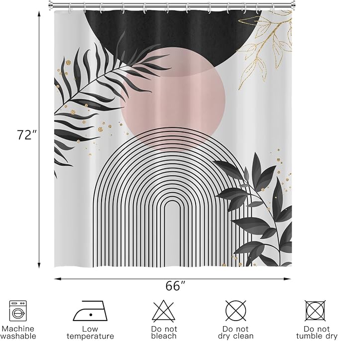 Boho Mid Century Shower Curtain, Black Pink Modern Minimalist Abstract Geometric Gold Plant Leaves Sun Arch Bathroom Curtains Waterproof Fabric Buthtub Curtain Set with Hooks 66" Wx72 L