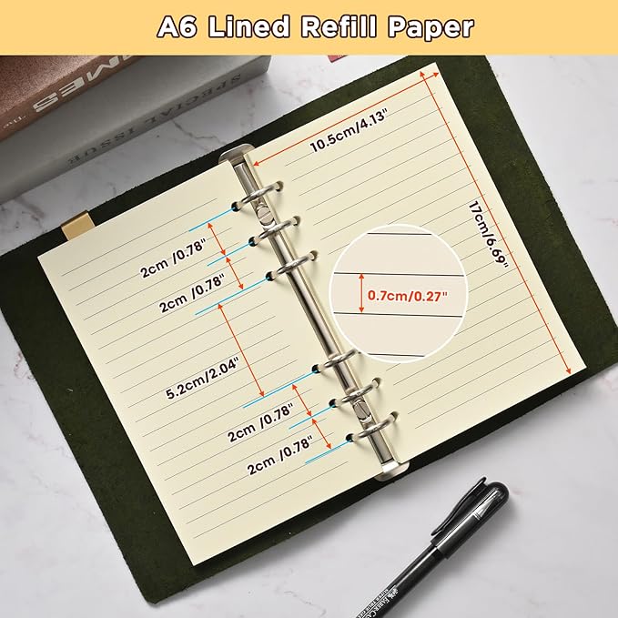 A6 6-Hole Lined Loose-Leaf Paper, Beige – Refill Pages for Standard A6 6-Ring Binder, Journals, Planners – Ideal for Office, Study, Recipes, Travel & Budgeting – Pack of 2 (80 Sheets per Pack)