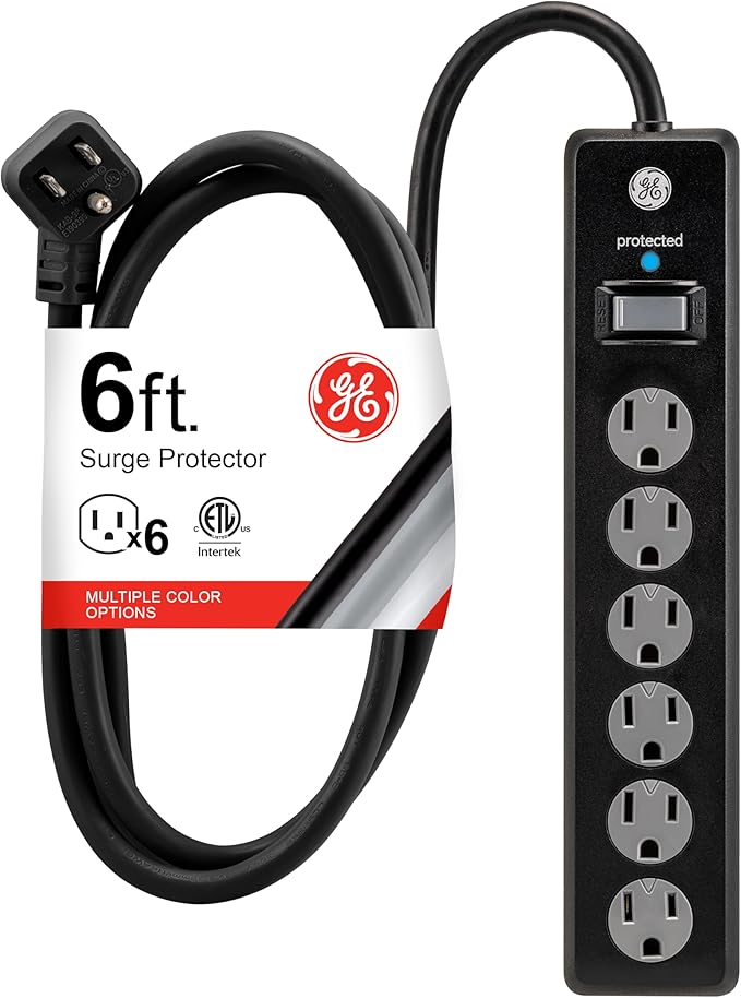 GE Surge Protector Power Strip,6 Ft Extension Cord,6 Outlet Extender,800 Joules,Flat Plug,Twist-to-Close Safety Covers,ETL Listed,Black,33661,(Pack of 10)