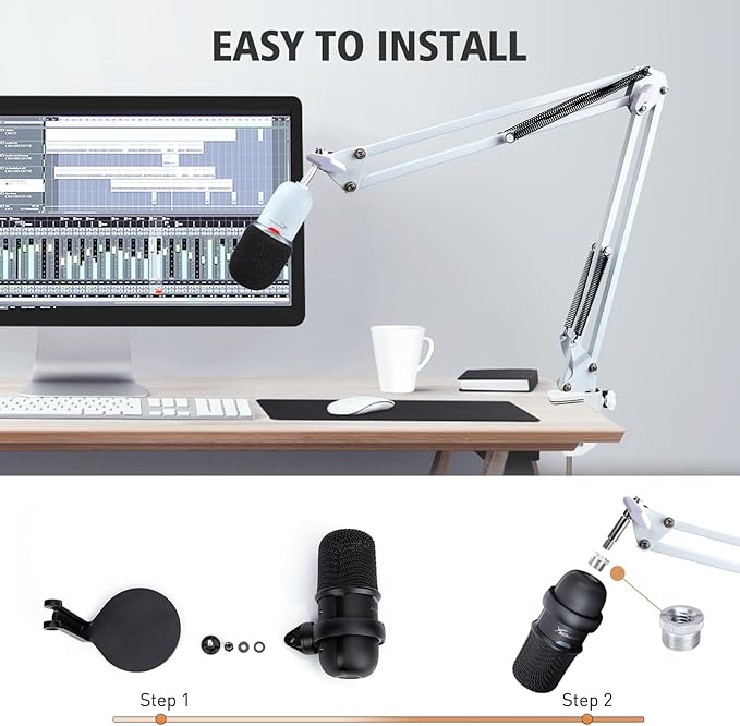 For HyperX SoloCast White Boom Arm - White Mic Arm Compatible with Hyper x SoloCast, Microphone Boom Arm with Pop Filter, Improve Sound Quality, White Mic Boom Arm for Hyperx SoloCast by SUNMON