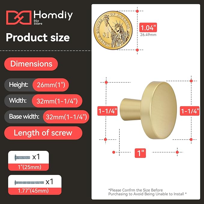 homdiy 10 Pack Gold Cabinet Knobs Round Brushed Brass Kitchen Handles Zinc Alloy Metal Hardware for Dresser Drawer Desk Cupboard