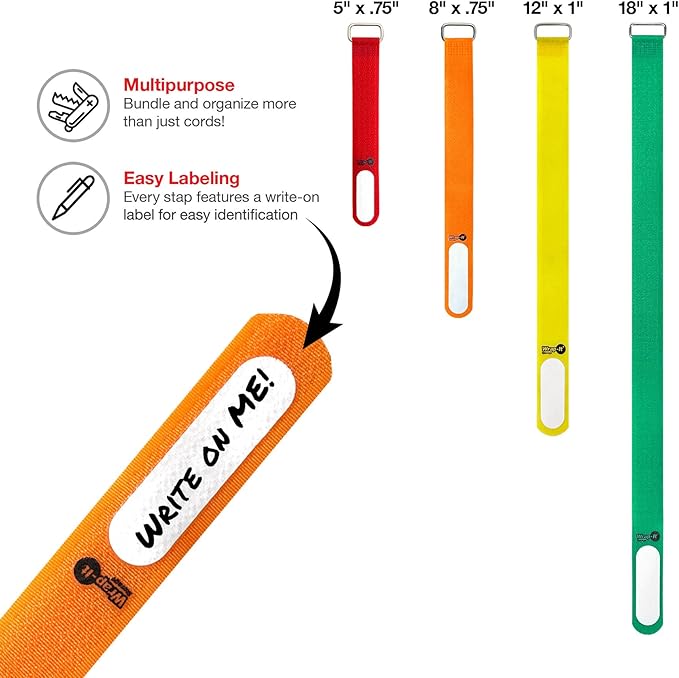 Wrap-It Storage Cinch-Straps (Assorted 16 Pack) Hook and Loop Straps with Metal Buckles and Write on Labels for Easy Cord Identification, Waterproof, Reusable, Multi-Purpose, Adjustable