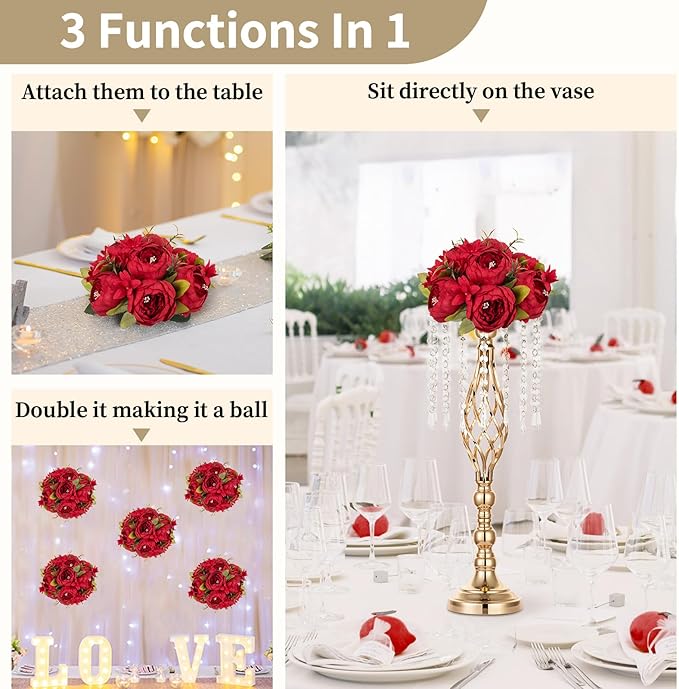 NUPTIO Peony Artificial Flowers for Centerpieces: 2 Pcs 9.4 inch Diam Red Faux Peony Flowers Fake Flower Balls Arrangement Bouquet Wedding Centerpieces for Tables Wedding Centerpiece Decorations