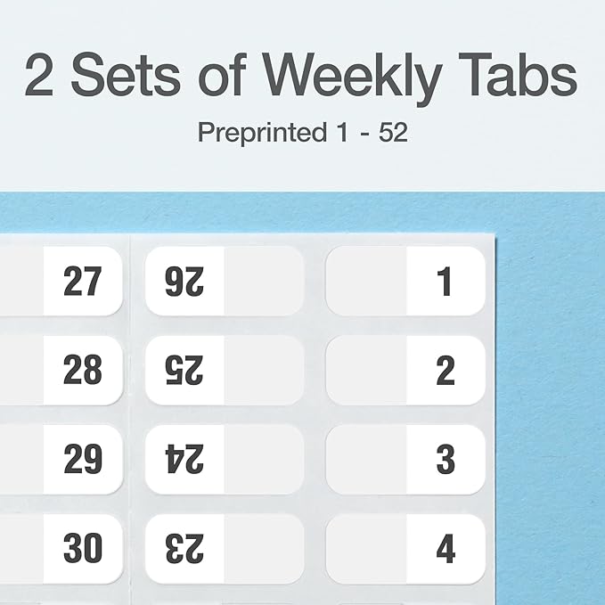 Redi-Tag Weekly Adhesive Tabs, Preprinted Weekday Tabs, 2 Sets of 1-52, 7/17" x 1", 2 Sets, Durable and Customizable Labels with Permanent Adhesive for Planners and Files, White (1006547)