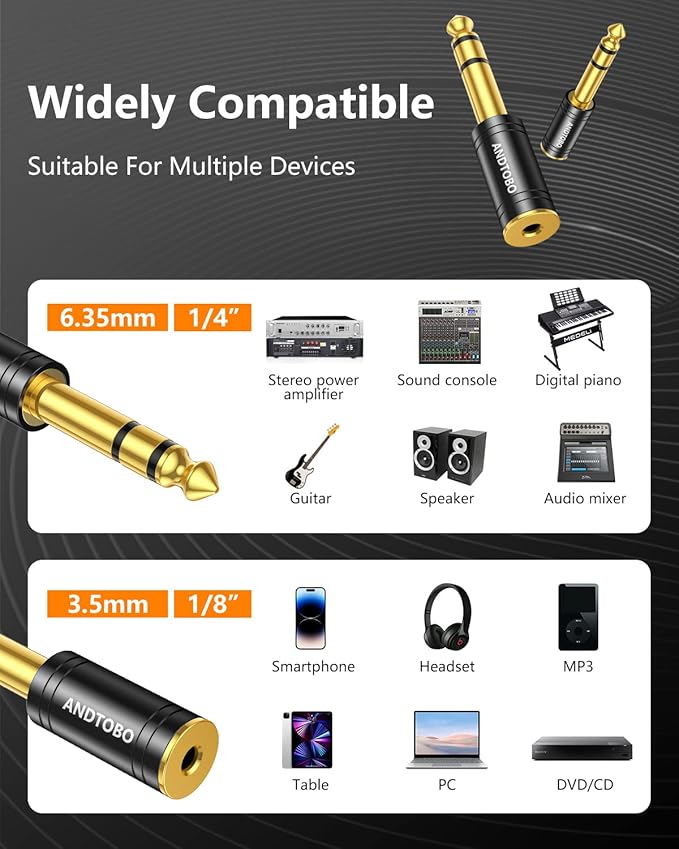ANDTOBO 1/4 inch Male to 3.5mm Female Stereo Audio Jack Pure Copper Adapter for Headphone, Amp, 2 Pack-Black