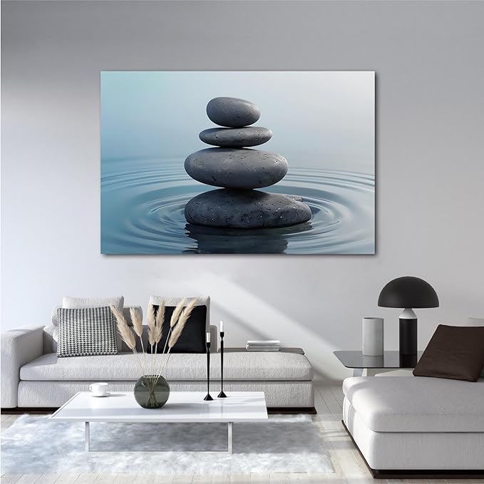 Zen wall art Harmonious grey stones stacked on a calm surface of water Serene Zen decor suitable for tranquil homes and spaces of meditation 24x36in Wood Framed