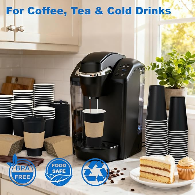 Coolcap 16 oz 100 Pack Coffee Cups with Lids and Sleeves, Straws, Hot Disposable To Go Travel Paper Cups Bulk for Office, Home Coffee Bar Accessories, Chocolate, Cocoa, Beverage (Black)
