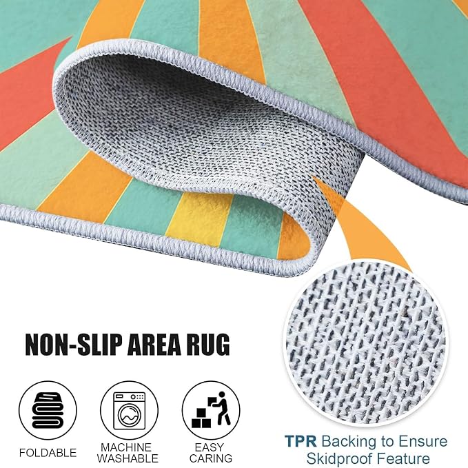 5x6 Washable Area Rug, Colorful Retro Sunburst Stripes Design Non Slip Non-Shedding Rug Easy Care for Living Room Bedroom Kitchen Office Carpet