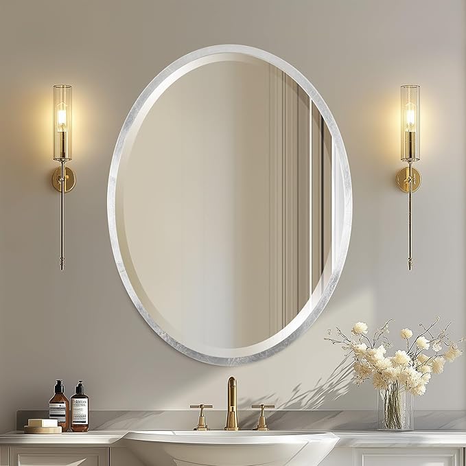 OVALCREST - Oval Wooden Beveled Wall Mirror for Home Decor, Bathroom, Vanity, Bedroom, Living Room, Hallway - London Style (Silver Leaf with Brown Antique) 31.1 x 21.1